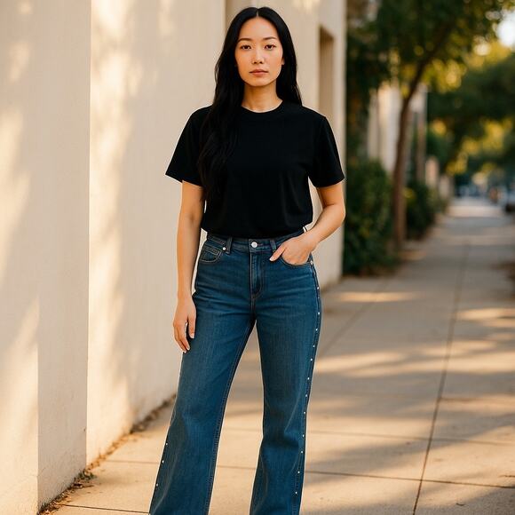 Womens 70s Vintage Time And Place Denim Flare Studded Jeans 10 - Picture 1 of 8